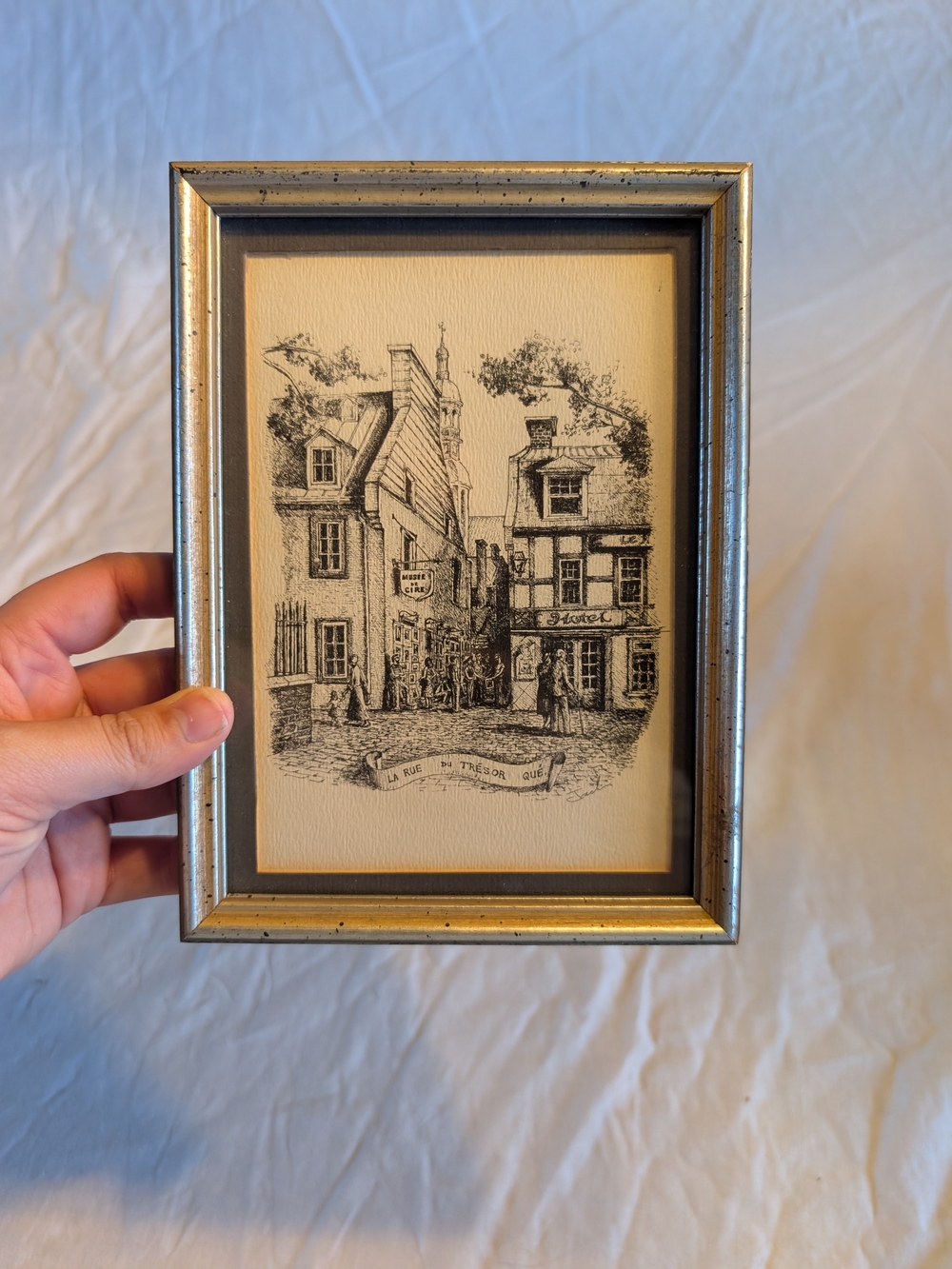2/60$ Vintage gold & Black Framed Village Street Etching ( lithography)